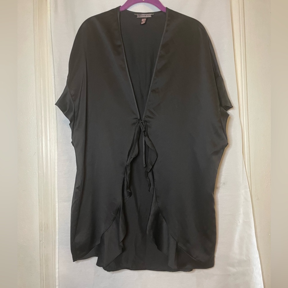 NWOT Victoria Secret Black Satin Ruffle Kimono with "Love" Logo in Back Size O/S